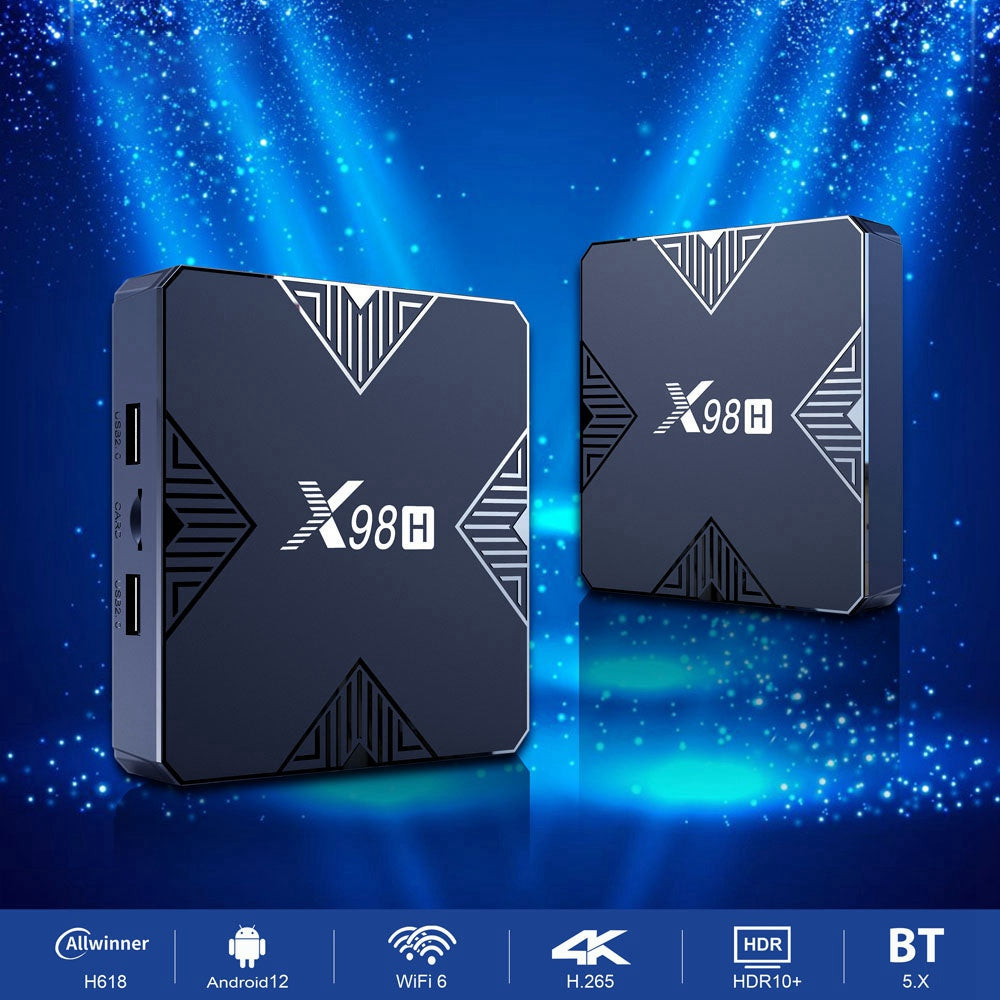 X98H Android TV Box 12.0 Allwinner H618 Quad Core Streaming Media Player Support Dual WiFi 2.4GHz 5GHz 4K Output 100M LAN Ethernet (4G 32G) X98H Android TV Box 12.0 Allwinner H618 Quad Core Streaming Media Player Support Dual WiFi 2.4GHz 5GHz 4K Output 100M LAN Ethernet (4G 32G)